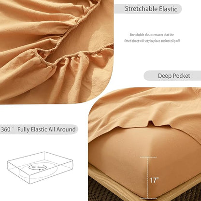 MooMee Fitted Bottom Sheet Only 100% Washed Cotton Linen Like Textured Breathable Durable Soft Comfy Deep Pocket Fits Mattress up to 17" (Burnt Orange, Twin)
