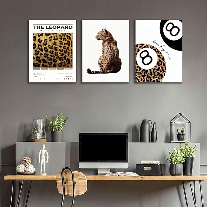 Trendy Leopard Framed Set of 3 Canvas Poster Prints,Picture Modern Artwork Wall Art for Home Décor,Perfect for Adds Wilderness & Elegance to Living Room,Bedroom or Any Interior Space,24Lx16W