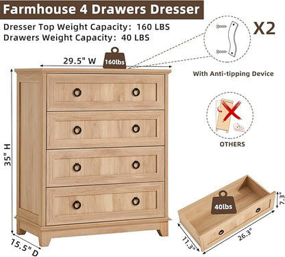 Farmhouse 4 Drawer Dresser for Bedroom, 35" Tall Small Dressers & Chest of Drawers, Rustic Wood Dresser with Metal Handle, Storage Organizer Closet for Living Room, Hallway, Entryway