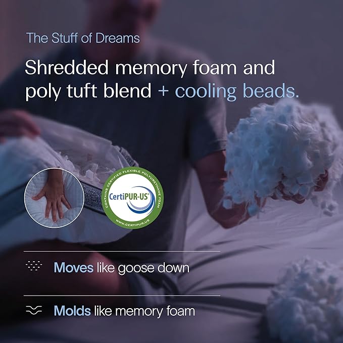 DreamyBlue Gusseted Sapphire Pillow • Adjustable Loft, Luxury Cover, Shredded Memory Foam Fill w/Cooling Beads • Ideal for Wide Shoulders • Neutral Alignment for All • CertiPUR-US Certified (King)