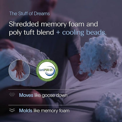 DreamyBlue Gusseted Sapphire Pillow • Adjustable Loft, Luxury Cover, Shredded Memory Foam Fill w/Cooling Beads • Ideal for Wide Shoulders • Neutral Alignment for All • CertiPUR-US Certified (King)