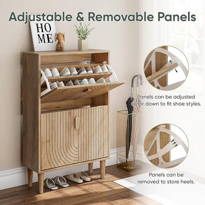 Smuxee Shoe Cabinet with 2 Flip Drawers, 23.6" Oak Hidden Shoe Storage Cabinet with Line Groove Design, Freestanding Shoe Organizer Cabinet for Entryway, Hallway, Living Room