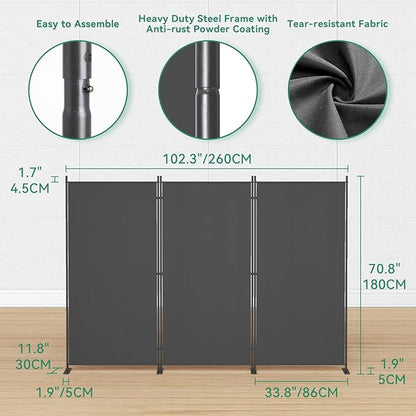 Helios&Hestia 3-Panel 6 ft Tall Indoor Folding Room Divider, Portable Privacy Screen, Freestanding Partition Separator, Temporary Wall Separation for Bedroom, Office, 102" W X 71" H, Dark Grey