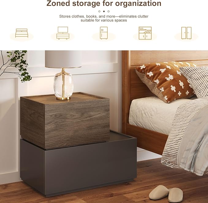 Stackable Storage Drawers, Wooden Drawer Storage Organizer, Modern Nightstands with Wooden Drawers, Small Storage Cabinet, Modular Design, Available in 2 Sizes for Versatile Use Grey and Walnut