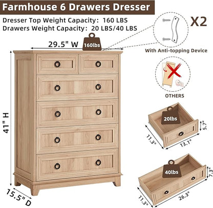 Farmhouse 6 Drawer Dresser for Bedroom Set of 2, 41" Tall Small Dressers & Chest of Drawers, Rustic Wood Dresser with Metal Handle, Storage Organizer Closet for Living Room, Hallway, Entryway