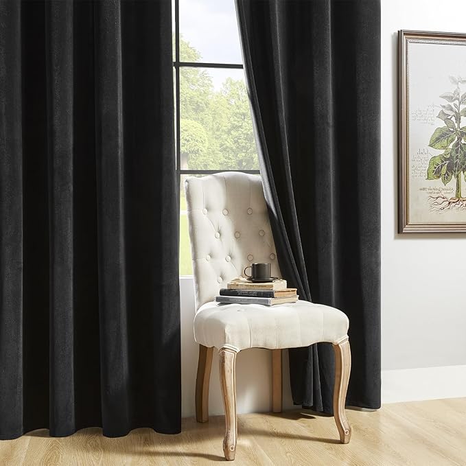 Joydeco Velvet Curtains 84 inch 1 Panel, Long Luxury Black Blackout Thermal Insulated Rod Pocket Window Curtains, Super Soft Room Darkening Drapes for Living Room Bedroom, W100 x L84 Inch, Black
