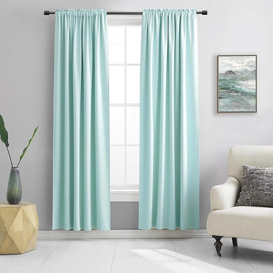 DONREN 90 Inches Long Room Darkening Curtain Draperies for Living Room - Blackout Solid Rod Pocket Curtains for Dining Room(2 Panels,Aqua)