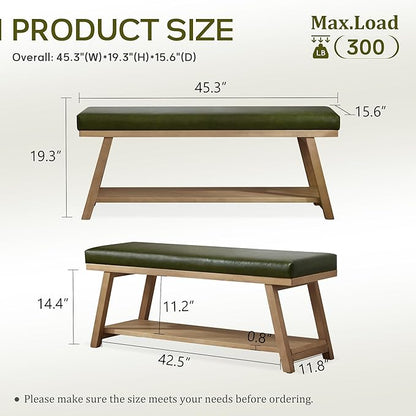 45" Entryway Bench Upholstered Storage Bench for Bedroom Shoe Rack Bench for Living Room, Hallway, Mudroom, Balcony, Sturdy Indoor Bench Seat Holds Up to 300 lbs (PU-Green)
