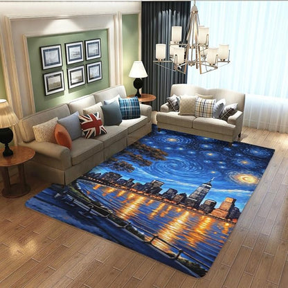 Machine Washable 3' x 5' Oil Painting-Style Area Rug, Bule Floor mat, Suitable for bedrooms, Girls' Room Bedside, Living Room, Dining Room, Office, Non-Slip Low-Pile Stars and Swirls Carpet