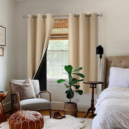 BGment Thermal Insulated 100% Blackout Curtains for Bedroom with Black Liner, Double Layer Full Room Darkening Noise Reducing Grommet Curtain (42 x 72 Inch, Beige, 2 Panels)