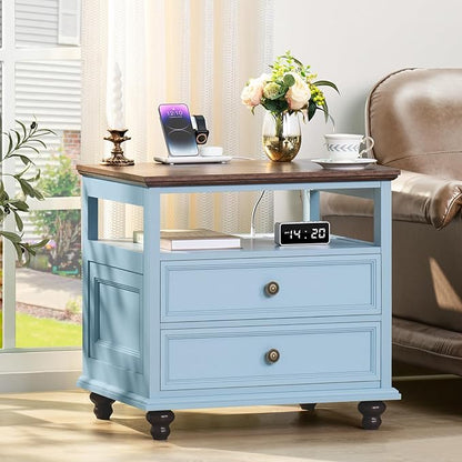 Farmhouse Furniture Set, Nightstands Set of 2 and 7 Drawers Dresser for Bedroom, 54 Inch Wide Wood Dresser and 24" Night Stands with Charging Station for Bedroom, Living Room, Hallway
