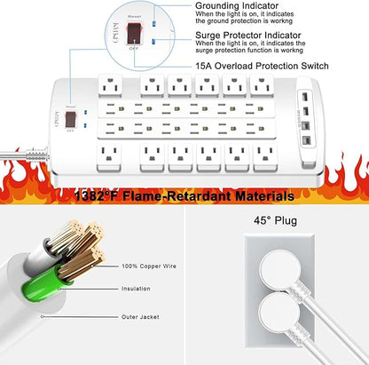 Surge Protector Power Strip - QINLIANF 20Ft Flat Plug Heavy Duty Extension Cord with 24 Outlets and 4 USB Ports(2 USB-C Ports), 1875W/15A, 4100J, for Home, Office, Dorm, ETL Listed, White