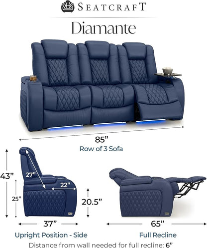Seatcraft Diamante Zero-Gravity CoolZero Italian Leather Home Theater Seating, Power Headrest, Power Recline, Row of 3 Sofa, Navy Blue