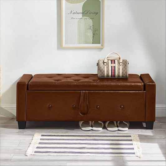 48” Storage Ottoman Bench, Upholstered Button-Tufted End of Bed Bench with Soft-Close Hinge & Solid Wood Legs, Foot Rest for Living Room, Bedroom, Hallway (Faux Leather, Brown)