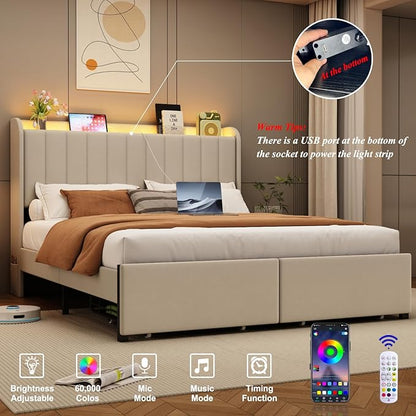 Full Size Bed Frames with Storage Headboard and 2 Drawers, Upholstered Platform Bed Frame Full with Led Lights and Handy Charging Station, No Box Spring Needed, Easy Assembly, Noise Free, Beige