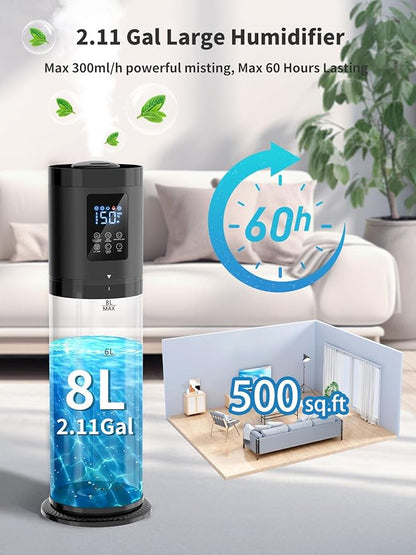 8L Humidifiers for Bedroom, 30dB Quiet, 500ft² Coverage, 60H Runtime, Top Fill, 3-in-1 Humidifier Large Room & Essential Oil Diffuser & Ambient Light, Sleep Mode, 16H Timer, Auto Shutoff Protection