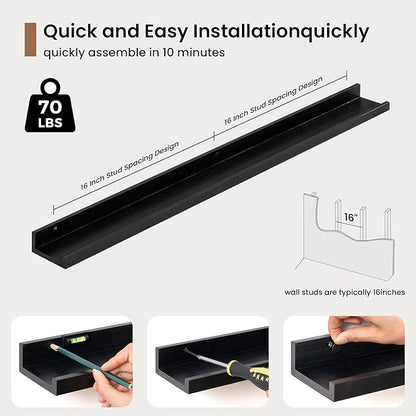 Picture Ledge Shelf, Floating Shelves Set of 2, 36 Inches Solid Wood Nursery Book Shelves for Toys Storage, Kids Bookshelf Wall Mounted for Living Room Bedroom Decor Books Photo Frames, Black