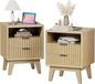 Nightstand Set of 2 with Charging Station, Modern Fluted 2 Drawer End Tables with Storage Shelf, Natural Oak Bedside Tables for Bedroom & Office