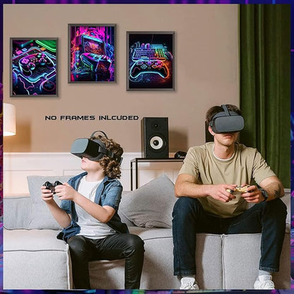 Game Room Decor Posters Set of 3 - Neon Gaming Accessories Theme Canvas Wall Art, Gamer Console Paintings Picture Wall Decor for Children Youth Boys Bedroom 12x16 inch Unframed