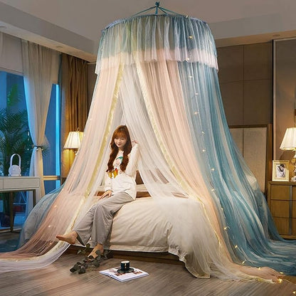 VETHIN Princess Bed Canopy for Girls,Bed Canopy Curtain- Double Layer Sheer Mesh Dome Bed Curtain- Round Lace Princess Mosquito Net Tent for Twin Full Queen King Bed(Blue/Pink/White)