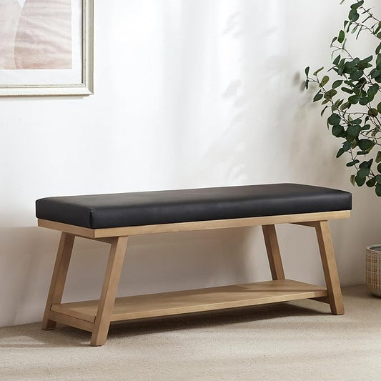 45" Entryway Bench Upholstered Storage Bench for Bedroom Shoe Rack Bench for Living Room, Hallway, Mudroom, Balcony, Sturdy Indoor Bench Seat Holds Up to 300 lbs (PU-Black)