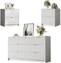 3-Piece Dresser Bedroom Set, 7 Drawer Dresser & 2 Drawer Nightstands with Gold Handles, Fluted Wood Chest of Drawers for Bedroom, Living Room, Entryway, White