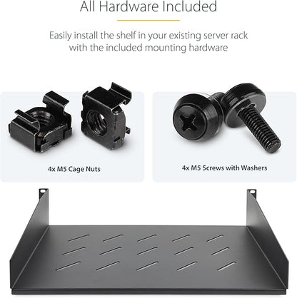 StarTech.com 2U Rack Shelf, 12" Mounting Depth, Vented Cantilever Tray for 19" AV/Network Equipment, 25lb Capacity, for Small Office/Home Office