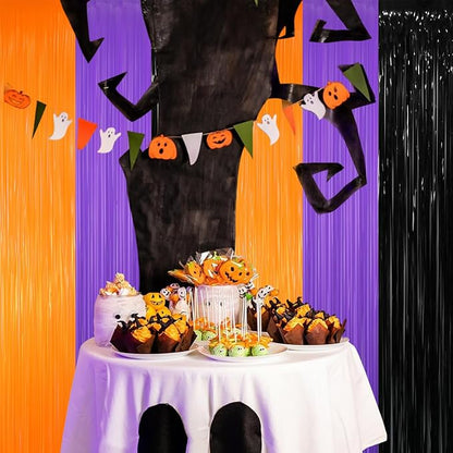 GOER 3.2 ft x 8.2 ft Metallic Tinsel Foil Fringe Party Backdrop for Halloween Birthday Graduation New Year's Party Decorations(4 Packs,Black&Orange&Purple)