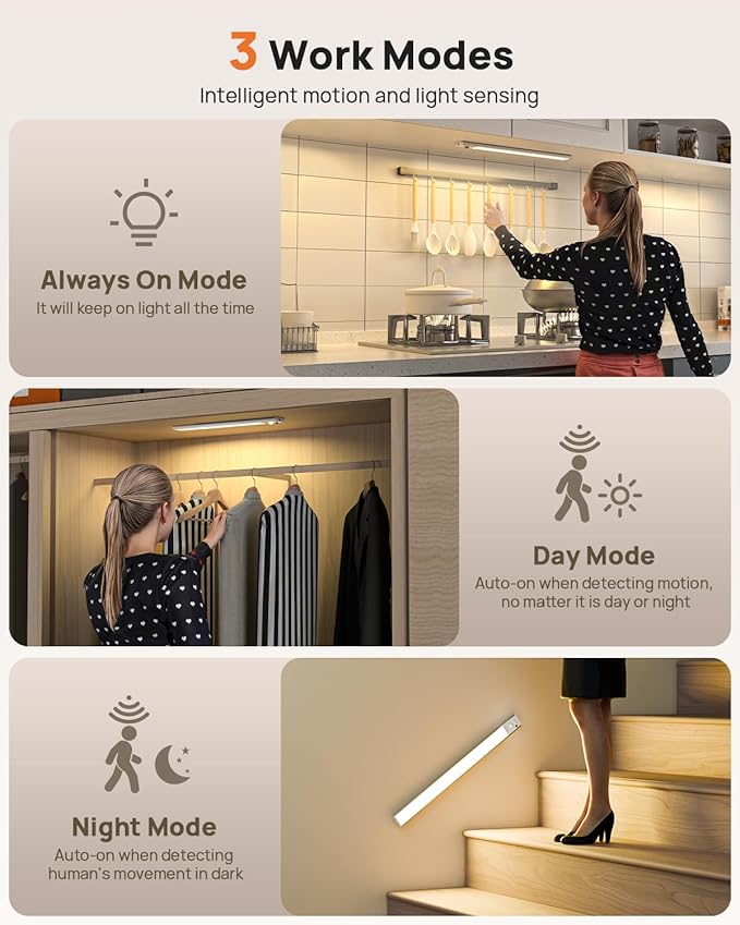 16in Under Cabinet Lighting with Remote, 160 LED Motion Sensor Light Indoor, 4000mAh USB Rechargeable Closet Lights, 3 Color Temps Wireless Under Counter Lights for Kitchen, Pantry, Stair, 2 Pack