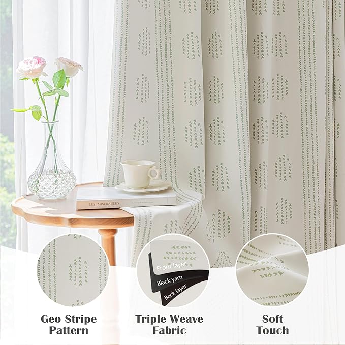 100% Boho Blackout Curtains 90 Inches Long for Bedroom, Green on Beige Patterned Bohemian Curtains for Living Room, Geometric Striped Thermal Insulated Window Drapes Gromment Top 2 Panels