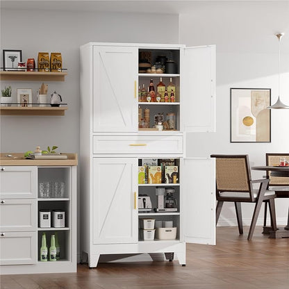71" Tall Farmhouse Pantry Cabinet,Metal Cabinet with Adjustable Shelves and Drawer,Storage Cabinet for Kitchen Dining Room Garage,White