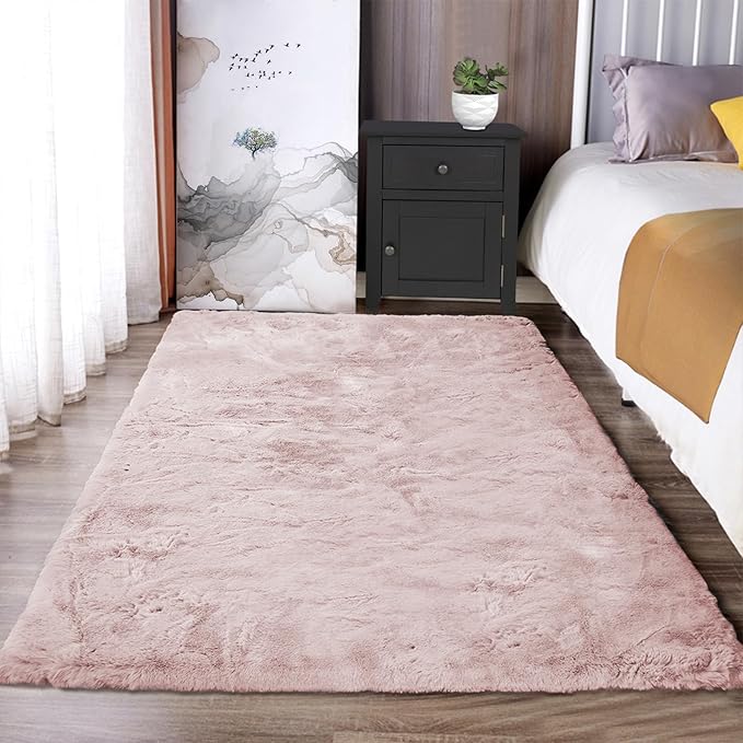 Latepis Fluffy Pink Carpet 3x5 Fuzzy Shag Rug Machine Washable Area Rugs for Living Room Non-Slip Faux Rabbit Fur Rug for Bedroom Kids Room Floor Dorm