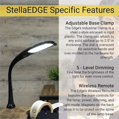 Stella Edge Premium 10W LED Desk Clamp Task Lamp-Black-Adjustable Dimmable Low Vision Natural Table Light - Bright Macular Degeneration Aid Lighting - Hobby, Crafting, Sewing, Artist, Reading, Office
