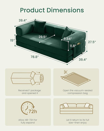 78.8" Convertible Sofa Bed,Corduroy Futon Couch with Storage Pocket,Folding Pull Out Futon Sofa,No Assembly Boneless Couch for Living Room, Emerald Green | Convertible Sofa Bed, Boneless Couch, sofa for living room, sleeper sofa, modular sofa