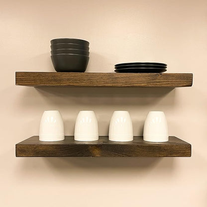 URBANDI, Rustic Floating Shelves, Set of 2, Hidden Bracket, Solid Wood, Heavy Duty, Wall Mounted Shelves, (Dark Brown, 36Wx10D)