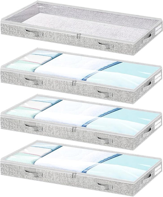 Low Profile Under Bed Storage, 3-Inch High Foldable Underbed Storage Bins with Lid & Zipper, No Structure, Super Slim Clothes Organizer for Crib Dorm Couch Low Bed, 8-Pack, Clear Top