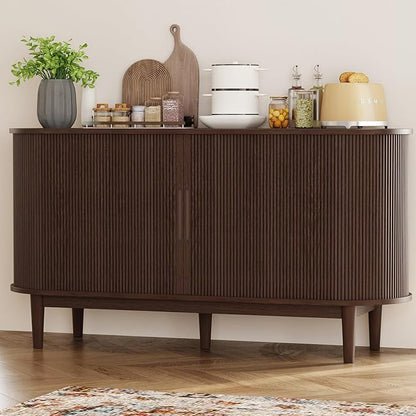 LINSY HOME Sideboard Buffet Cabinet with Storage, 55" Fluted Coffee Bar Cabinet with Tambour Sliding Doors and Drawer, Mid Century Modern Wood Storage Buffet Table for Kitchen, Living Room, Walnut | with Storage, Fluted, Coffee Bar Cabinet, Drawer, Mid...