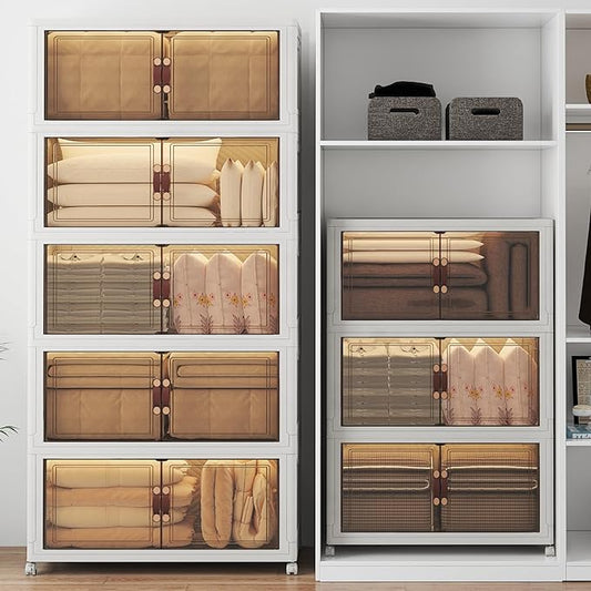 1280Qt Stackable Storage Bins with Lids, 8 Pack Large Collapsible Bins with Wheels, Plastic Cabinet with Doors, Foldable Closet Organizers and Storage for Home, Dorm, Office, White