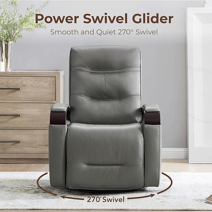 CHITA Genuine Leather Power Swivel Glider Rocker Recliner, FSC Certified Mid Century Modern Recliner Chair for Adults, Adjustable Power Headrest, for Nursery and Living Room, Haze