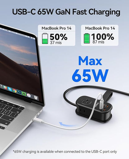 ORICO 65W GaN Travel Power Strip with 7-in-1 Charging Ports (3 AC Outlets/2 USB-A/2 USB-C), Flat Plug and 4FT Extension Cord, Fast Charger for MacBook Pro/Air, iPad Pro, iPhone 17/16/15 -AP3
