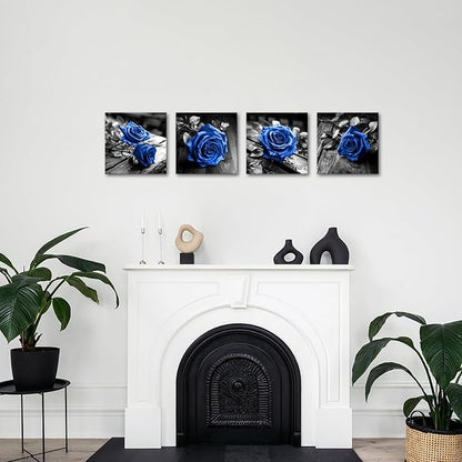 VANSEEING 4 Pieces Blue and Black Rose Flower Canvas Wall Art Floral Pictures Prints Modern Romantic Artwork Wall Decor for Valentine's Day Living Room Bedroom 12x12inchx4Pcs