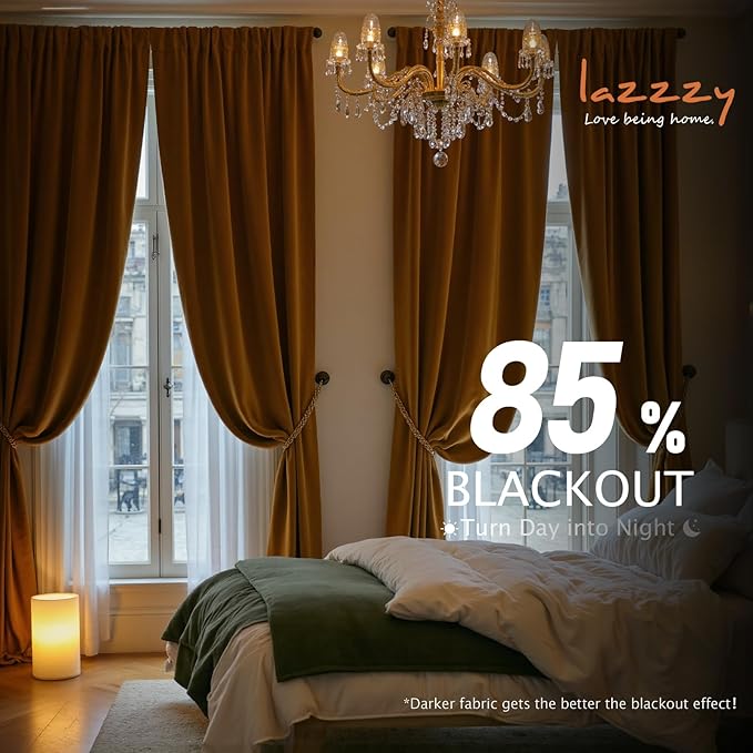 Lazzzy Velvet Blackout Curtains Thermal Insulated Room Window Drapes Super Soft Luxury Curtains for Living Room Bedroom Rod Pocket 2 Panels, Gold Brown, 42" W x 84" L