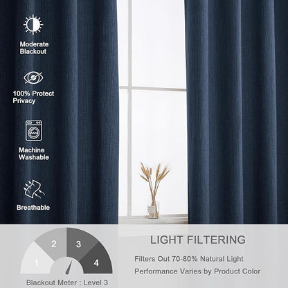 Jacquard Linen Curtains 84 inch Length 2 Panels Thick Faux Linen Blended Window Drapes Burlap Textured Curtains with Grommet for Living Room Bedroom Farmhouse (52x84 Navy) Natural