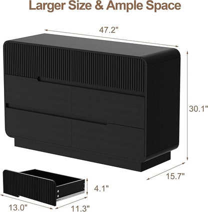 6 Drawer Dresser and 2 Nightstand Sets for Bedroom 3 Pcs Bedroom Set, Modern 47.2" Fluted Dresser with Invisible Handles Nightstand Charging Station, Bedroom Furniture Set for Living Room, Black