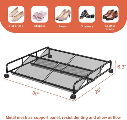Under Bed Shoe Storage Organizer, 2 Pack Metal Mesh Under Bed Storage Containers with Wheels, Shoe Organizer Drawer Space Saving for Bedroom