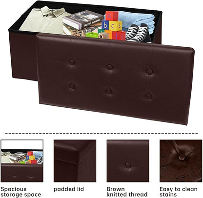 xupersodys 30 Inches Folding Storage Ottoman Bench, Faux Leather Footstool Ottoman, Storage Trunk Footrest for Bedroom, Living Room and Hallway, Support 350lbs, Brown(Brown line)