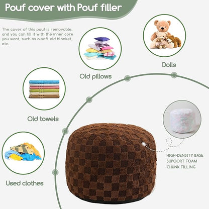 HIGOGOGO Round Stuffed Pouf Ottoman, Plaid Poufs with Foam Chunk Filling, Fluffy and Furry Pouf Foot Stool Storage Ottoman, 20 X 15 Floor Poufs Foot Rest for Living Room, Coffee