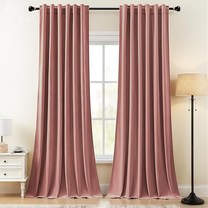 Dusty Rose Pink Velvet Curtains for Girls Bedroom Room Darkening Thermal Insulated Soundproof Curtain 102 Inches Long Cute Window Drapes for Living Room, Back Tab Rod Pocket, W52 x L102, 2 Panels
