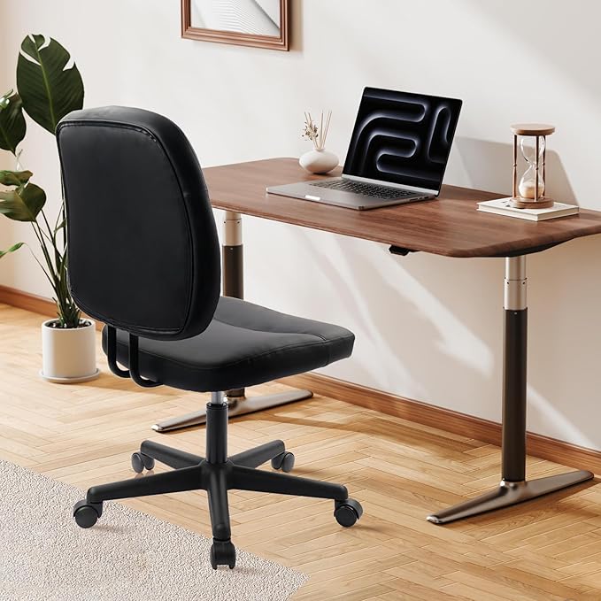 CLATINA Armless Home Office Chair, Small PU Leather Ergonomic Low Back Desk Chair with Lumbar Support and Wheels, Adjustable Height 360° Swivel Rolling Computer Task Chair, Black, 8 Pack
