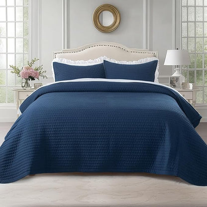 KASENTEX Queen XL Quilt Set 98"x98" – Soft Washed 3-Layer Lightweight Bedspread, Minimalist Nordic Design, All-Season Spring & Summer Quilt Set (1 Quilt + 2 Pillow Shams),Dress Dark Blue